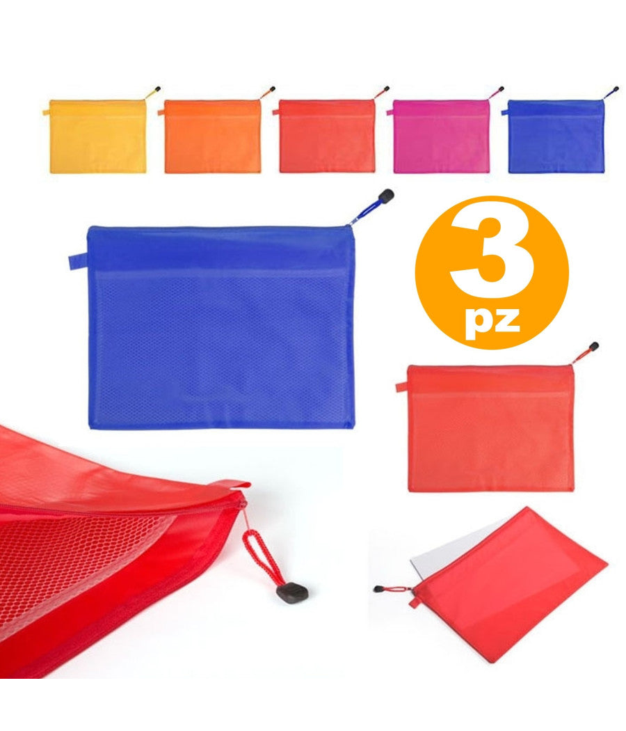 3 Porta Documenti Busta Pvc Zip Tasca Interna Rete 33.5x24cm Appunti Cartellina         