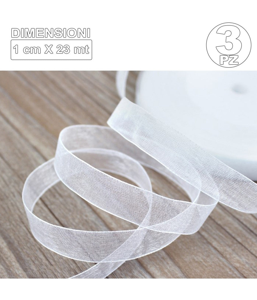 3 Rotoli Nastro Bianco Bomboniera Organza Bobina Decorazioni Addobbi Decoupage         