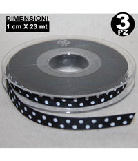 3 Rotoli Nastro Nero Pois Bomboniera Organza Raso Bobina Decorazioni Decoupage         