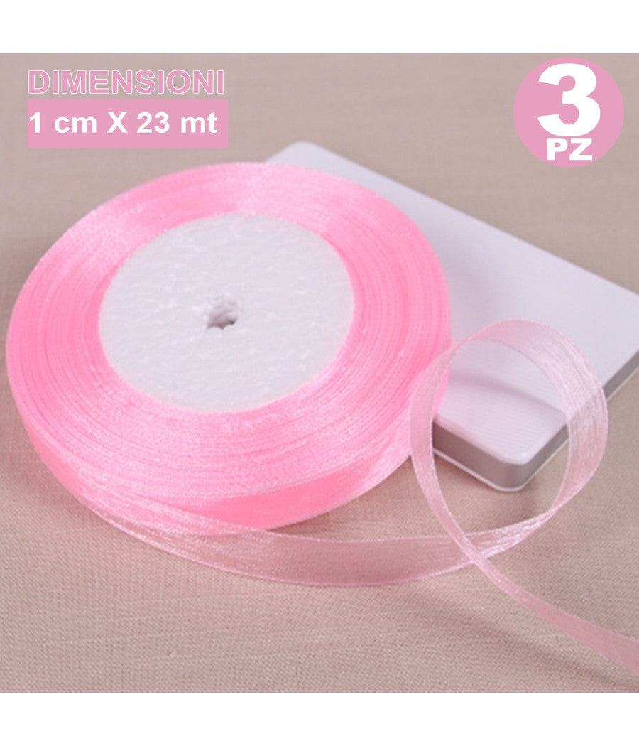 3 Rotoli Nastro Rosa Bomboniera Organza Bobina Decorazioni Addobbi Decoupage         