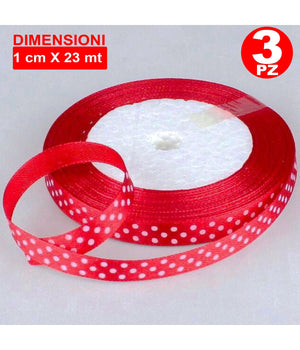 3 Rotoli Nastro Rosso Pois Bomboniera Organza Raso Bobina Decorazioni Decoupage         