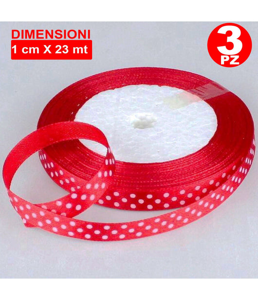 3 Rotoli Nastro Rosso Pois Bomboniera Organza Raso Bobina Decorazioni Decoupage         