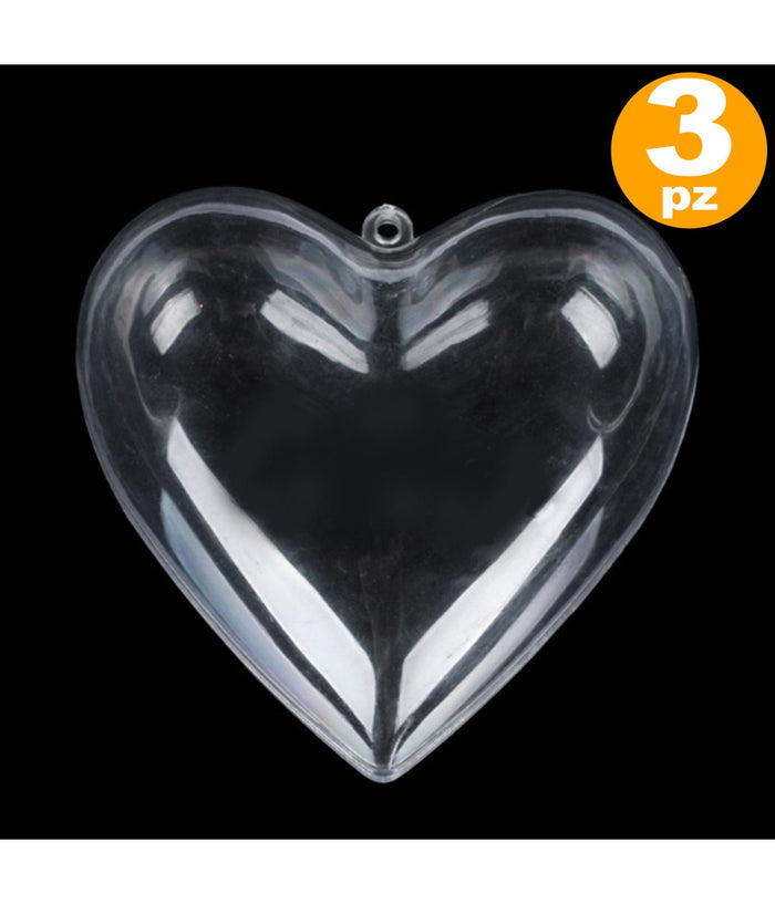 3 X Cuore In Plastica Trasparente Apribile Da Riempire Decorazione Natale 8 Cm         