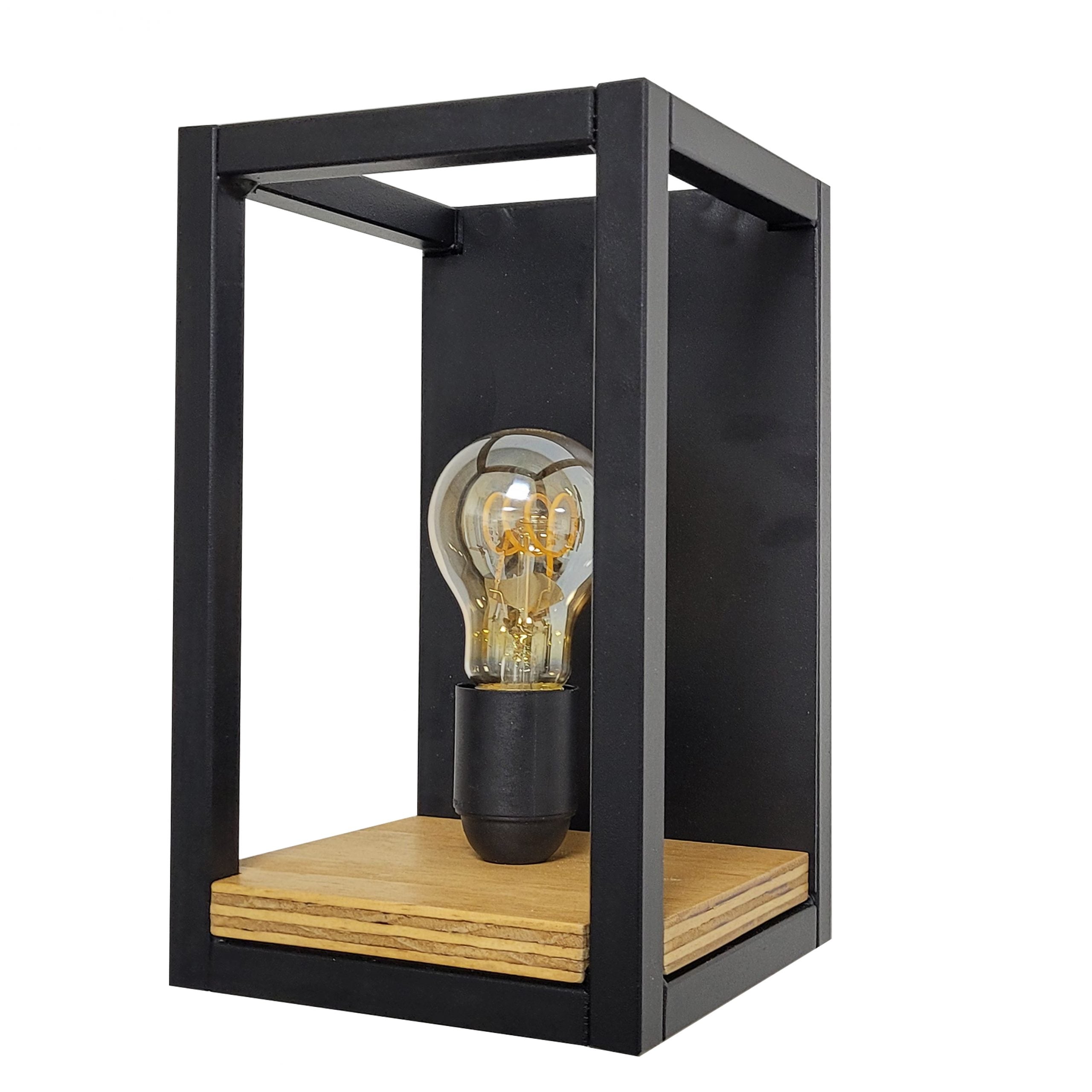 Horid - Lampada da parete industrial metallo e legno colore nero, lampada fissaggio a muro con tasselli cm15x15x25