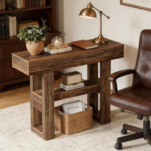 Consolle con 2 ripiani per ingresso e soggiorno, stile rustico, in MDF, marrone, per piccoli spazi, 116 × 35 × 19,5 cm