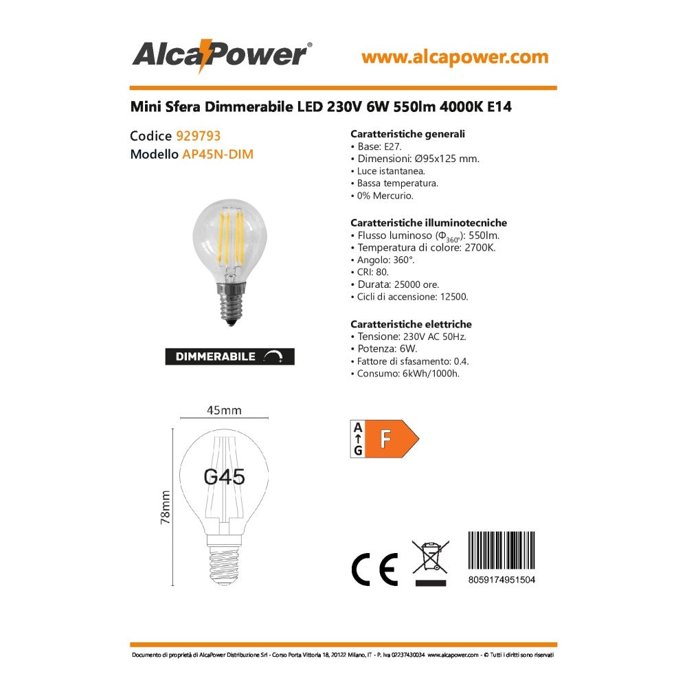 Alca power g45 6w 220v 550lm 4000k e14 lampada mini sfera a filamento dimmerabile a led