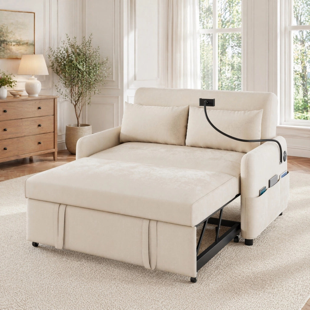 Divano letto 2 Posti con Schienale Regolabile, Porte USB, Supporto per Telefono e Tasche, Ciniglia Beige