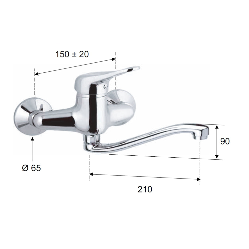 Rubinetto per lavello cucina a parete con bocca girevole, serie kiss