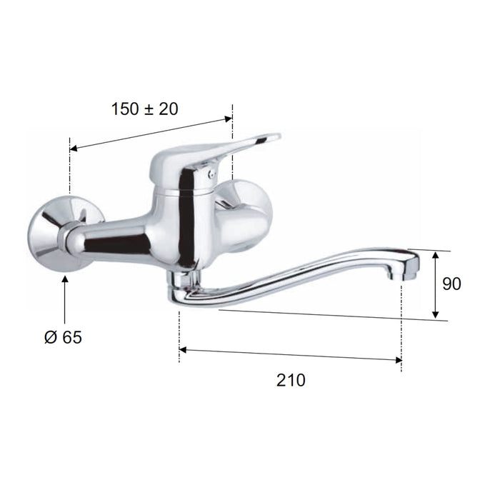 Rubinetto per lavello cucina a parete con bocca girevole, serie kiss