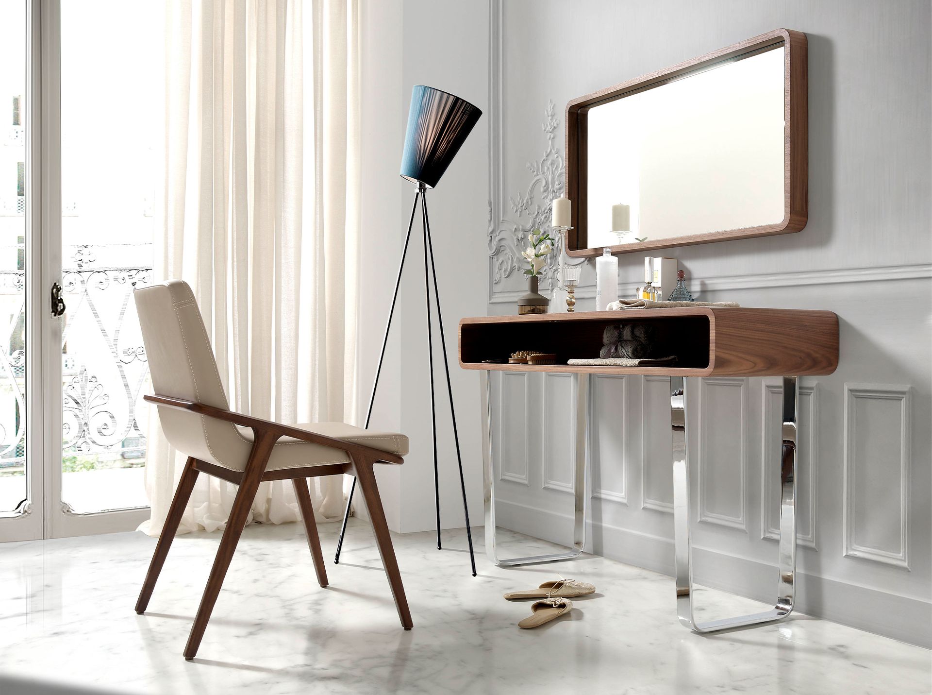 Consolle rettangolare in noce e acciaio cromato