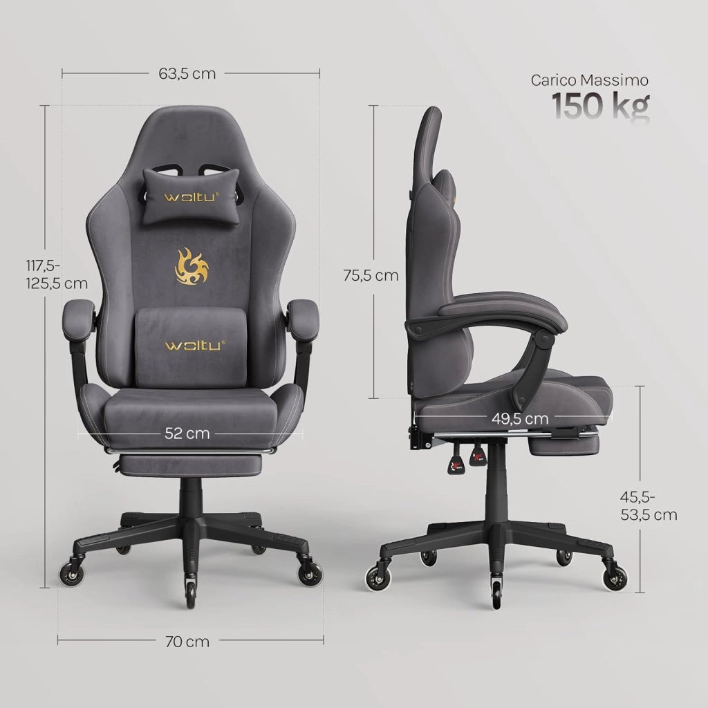 Sedia da gaming, Sedia Gaming Ergonomica con Ruote Silenziose, Altezza e Inclinazione Regolabile, con Braccioli Sincronizzati e Poggiapiedi, in Tessuto Scamosciato, Grigio