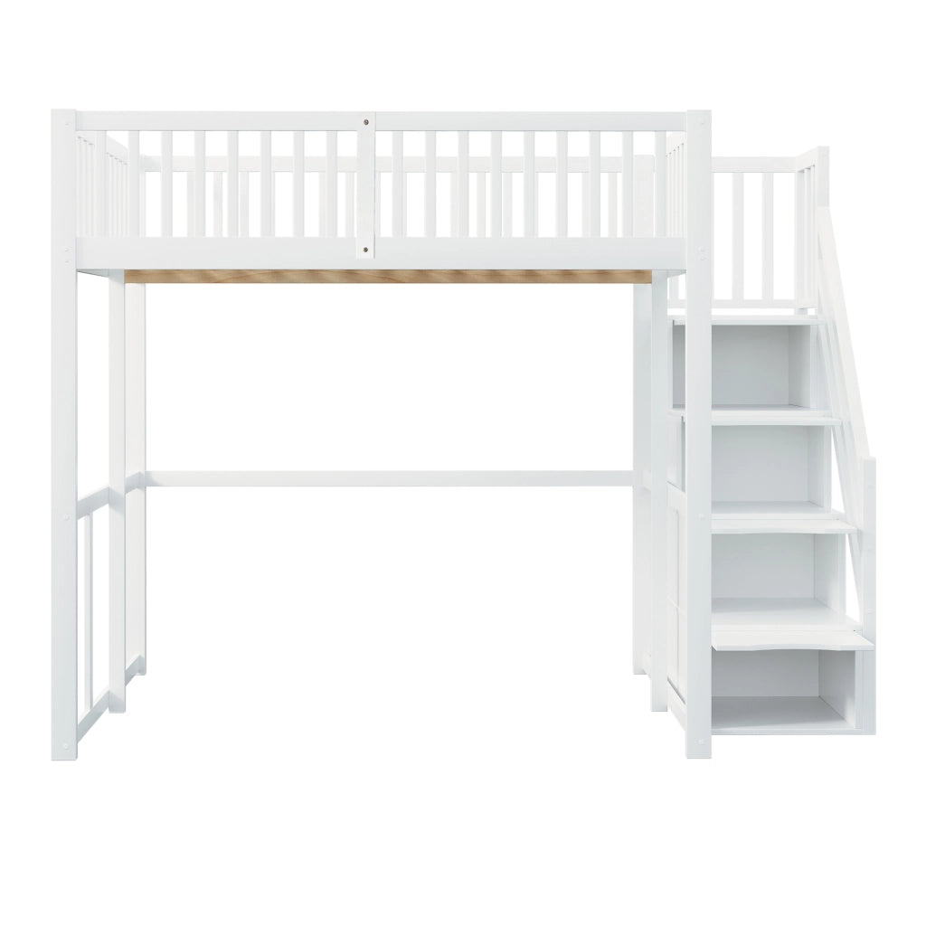 OKWISH Letto a Soppalco 140×200 cm, Letto Matrimoniale con Scala Contenitore, Sponda di Sicurezza e 15 Doghe, senza Materasso, Bianco