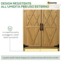 Armadio da Giardino Porta Attrezzi in Legno con 2 Ante e 4 Scaffali, Piano in Lamiera, 75x40x90 cm