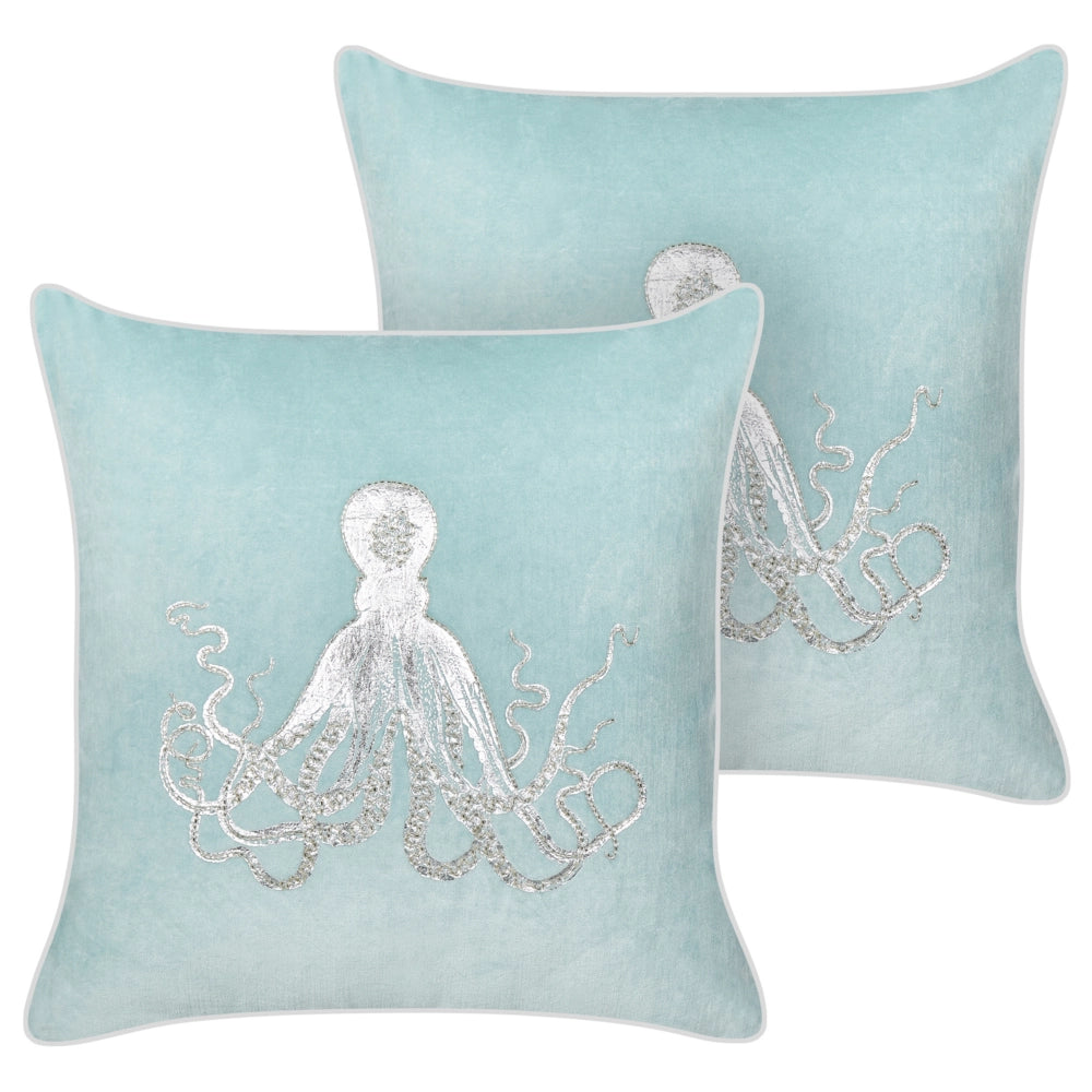 Set di 2 cuscini in velluto blu quadrato motivo polpo marino accessori camera da letto soggiorno