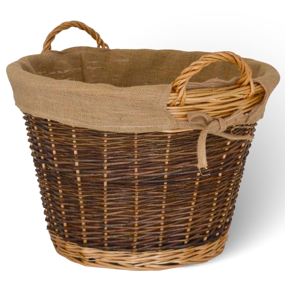 Cesta rotonda portalegna espositore in legno di corteccia con fodera in juta