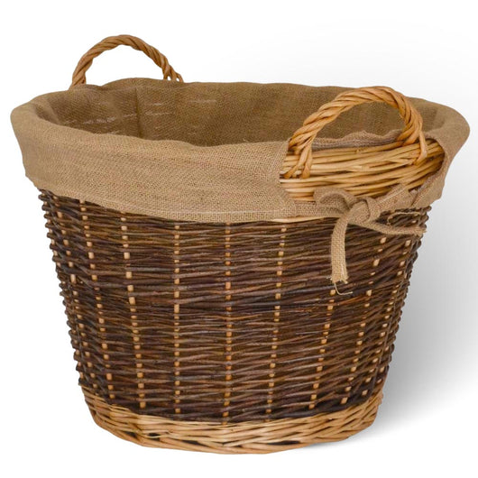 Cesta rotonda portalegna espositore in legno di corteccia con fodera in juta