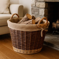 Cesta rotonda portalegna espositore in legno di corteccia con fodera in juta