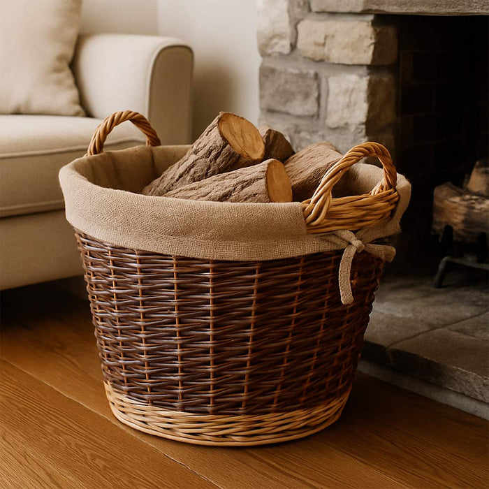 Cesta rotonda portalegna espositore in legno di corteccia con fodera in juta