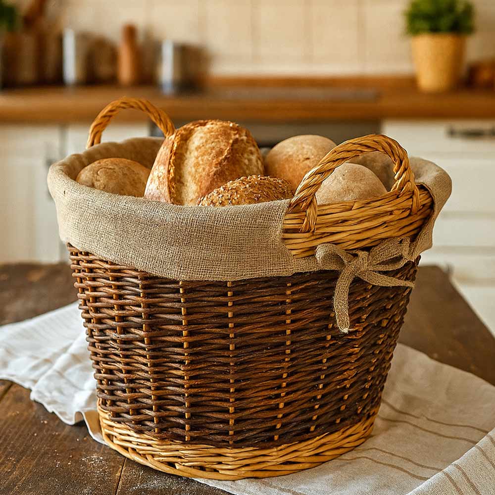 Cesta rotonda portalegna espositore in legno di corteccia con fodera in juta