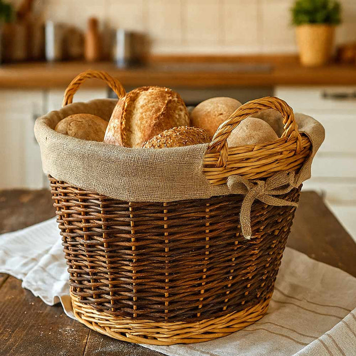 Cesta rotonda portalegna espositore in legno di corteccia con fodera in juta