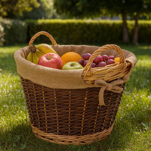 Cesta rotonda portalegna espositore in legno di corteccia con fodera in juta