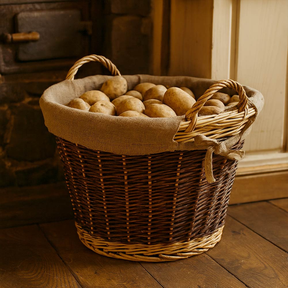 Cesta rotonda portalegna espositore in legno di corteccia con fodera in juta