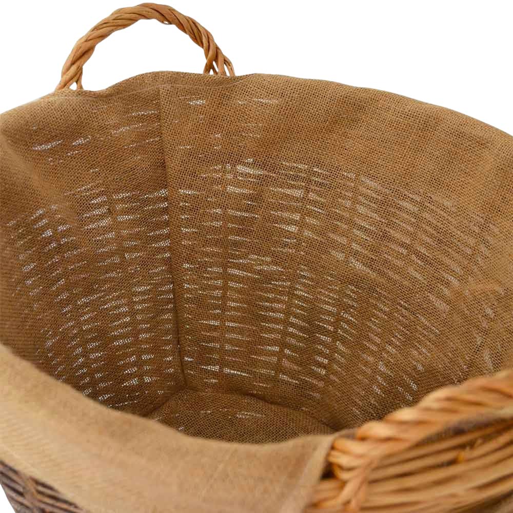 Cesta rotonda portalegna espositore in legno di corteccia con fodera in juta