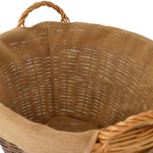 Cesta rotonda portalegna espositore in legno di corteccia con fodera in juta