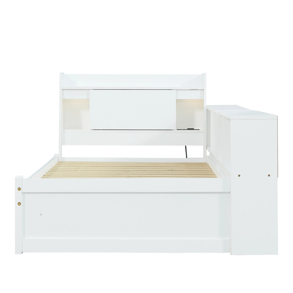 Letto Singolo con Testiera, Cassetti, Comodini e LED ¨C MINIMAL ¨C Bianco, Pino/MDF, 90x200