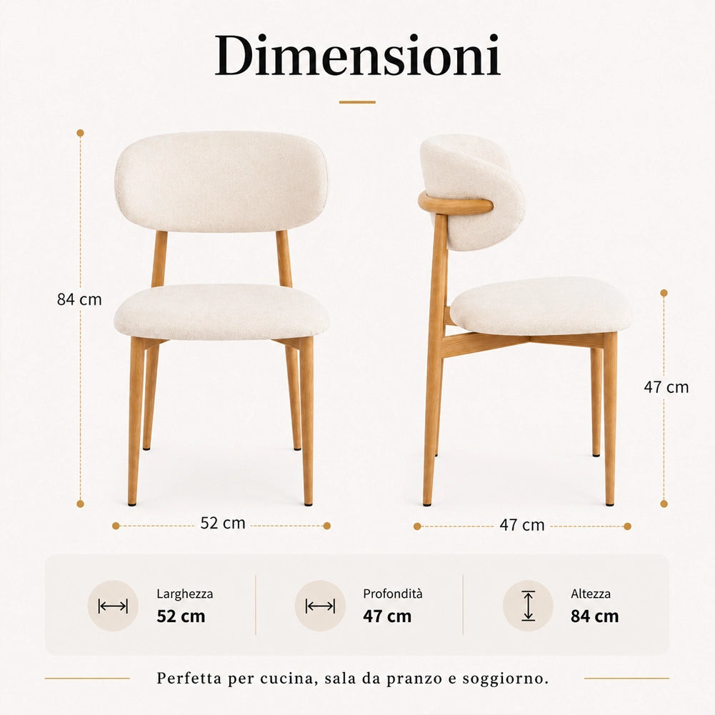 Set 4 Sedie da Pranzo con Gambe in Metallo Effetto Legno e Seduta Tessuto Beige