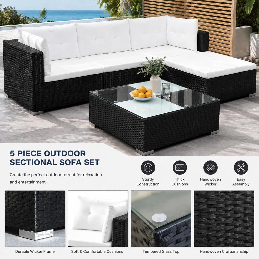 5-piece Garden Lounge Set With Cushions, Poly Rattan, Black