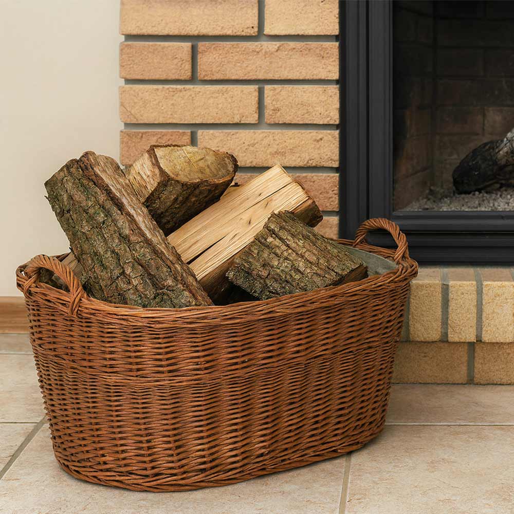 Cesta contenitore portalegna in vimini con rivestimento interno in juta 68x50x30