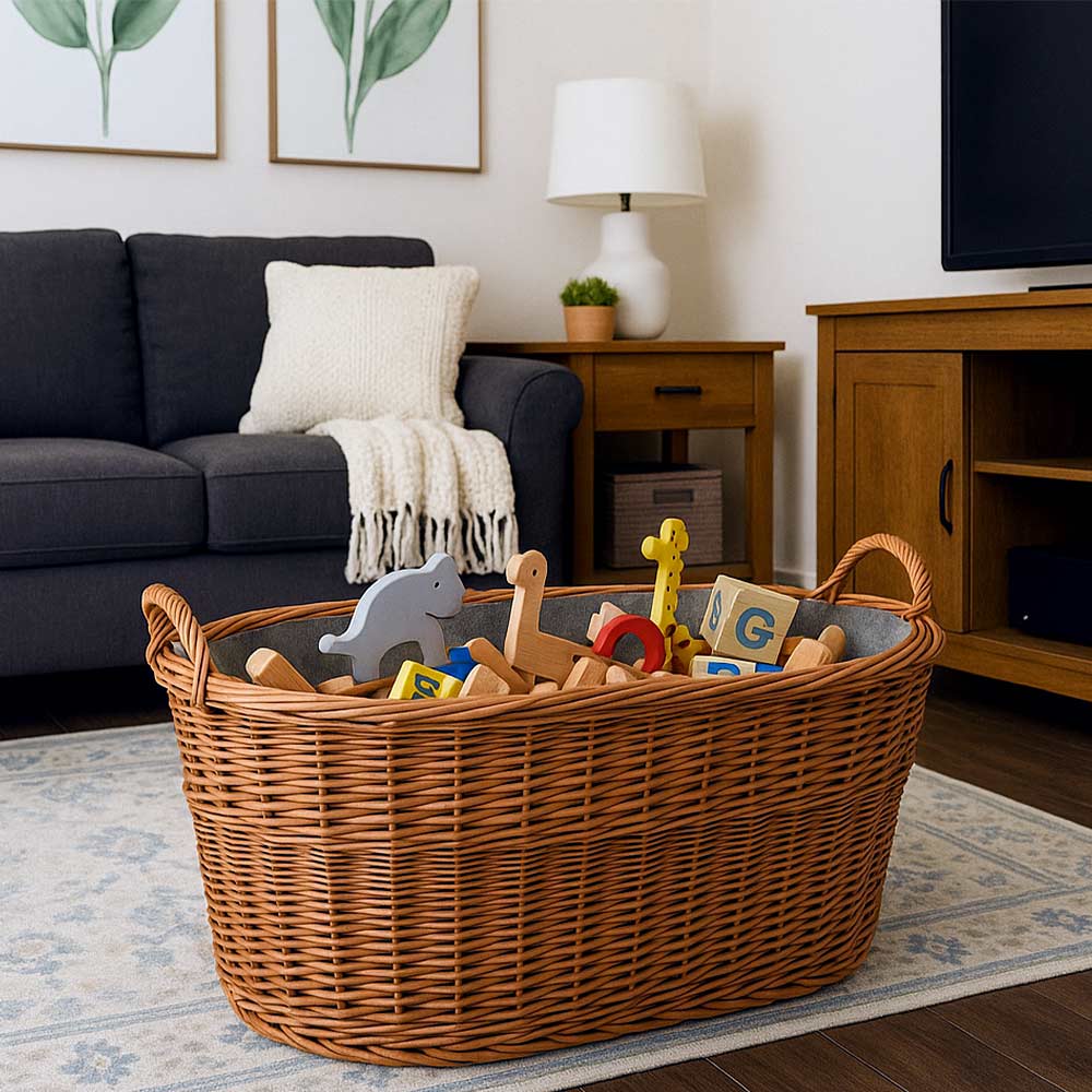 Cesta contenitore portalegna in vimini con rivestimento interno in juta 68x50x30