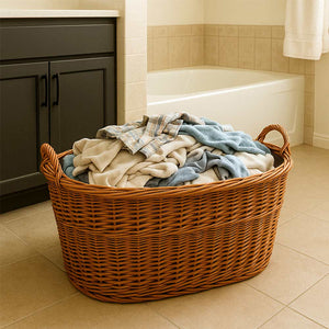 Cesta contenitore portalegna in vimini con rivestimento interno in juta 68x50x30