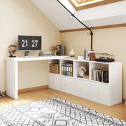Scrivania angolare regolabile - Zephmum- Tavolo 360¡ã girevole, L o diritto, MDF, 4 scomparti, 4 cassetti, bianco