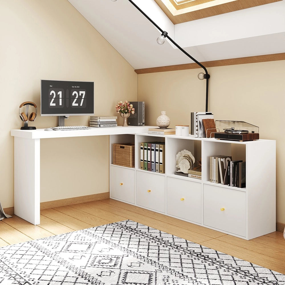 Scrivania angolare regolabile - Zephmum- Tavolo 360¡ã girevole, L o diritto, MDF, 4 scomparti, 4 cassetti, bianco