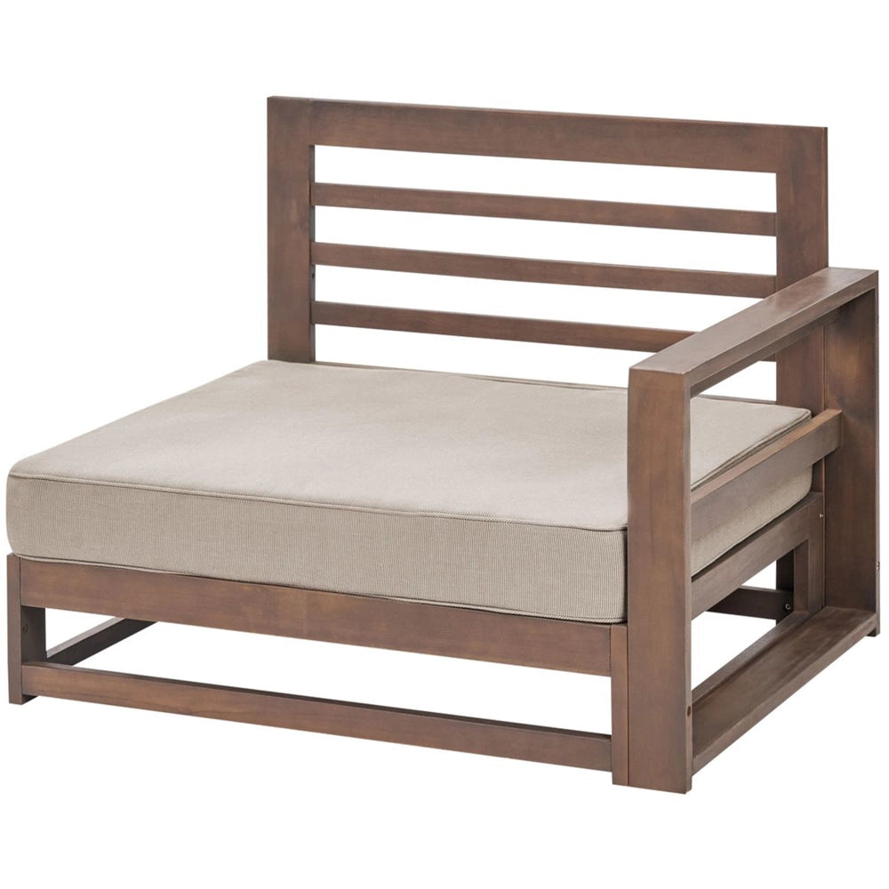 Salotto da giardino 4 posti in legno d'acacia chiaro con cuscini color tortora e tavolo lato destro esterno moderno