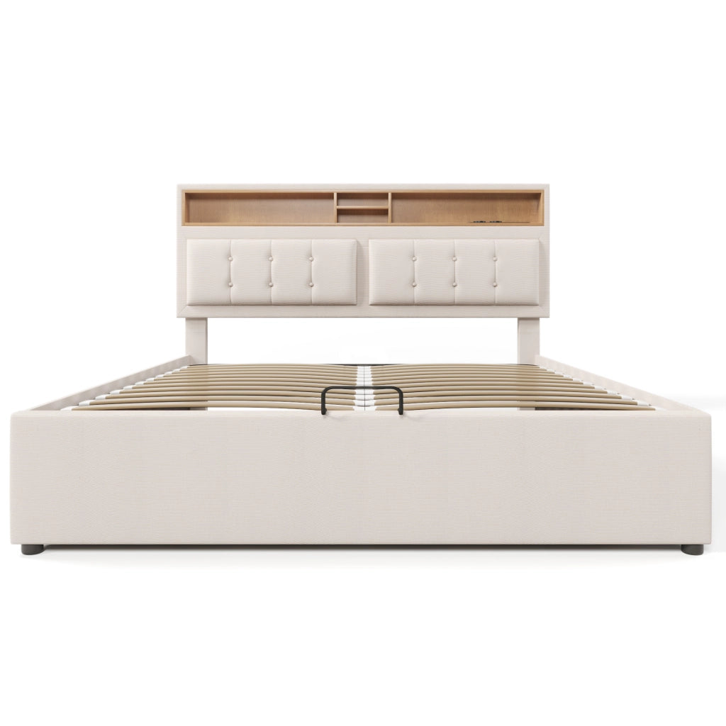 Letto Contenitore Matrimoniale con USB; Tipo C e 4 Vani 160 x 200 cm; senza Materasso; Lino; Beige