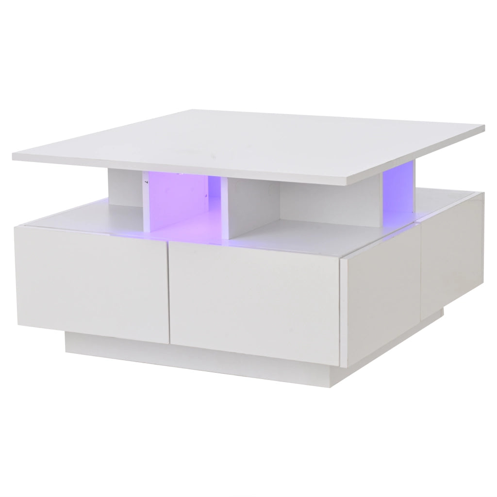 Tavolino da Caffè Cubo con 4 Cassetti e LED con Controllo App; Bianco Lucido; in Pannello Truciolare; 70×70×40 cm