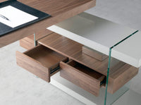 Scrivania in legno grigio e vetro temperato con piano in noce