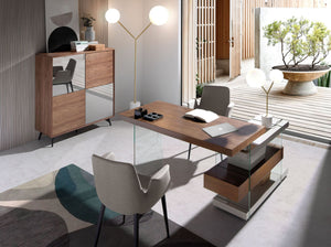 Scrivania in legno grigio e vetro temperato con piano in noce