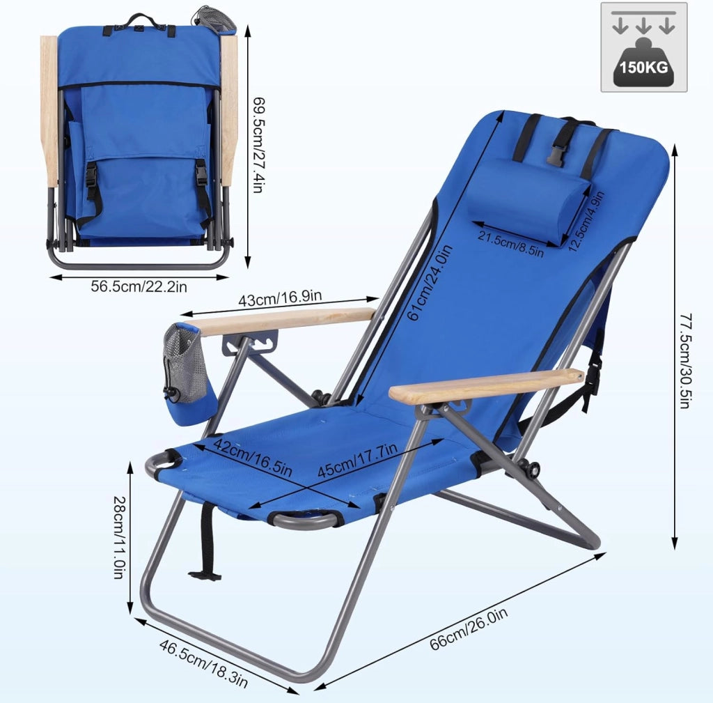 Sedia da Pesca, Sedia da Campeggio Richiudibile Pieghevole da Esterno con Tasca, Poggiatesta Rimovibile, Schienale Reclinabile, per Picnic, Spiaggia, in Oxford e Metallo, Blu