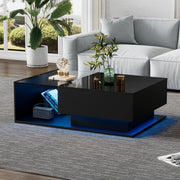 Tavolino da caffè 1 cassetto con LED e piano in vetro per soggiorno, nero, 100 × 50 × 32 cm