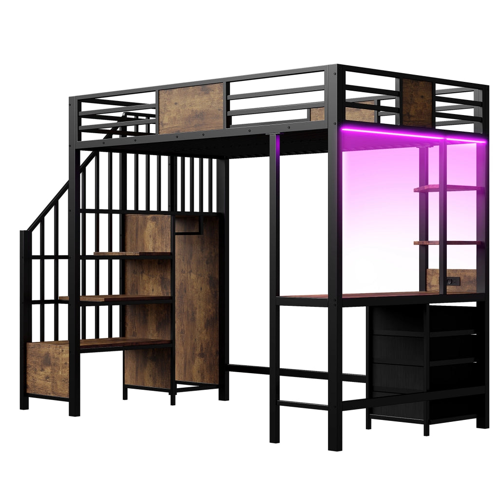 Letto a soppalco 90x200 cm in metallo e MDF con scrivania; ripiani; LED e presa; nero