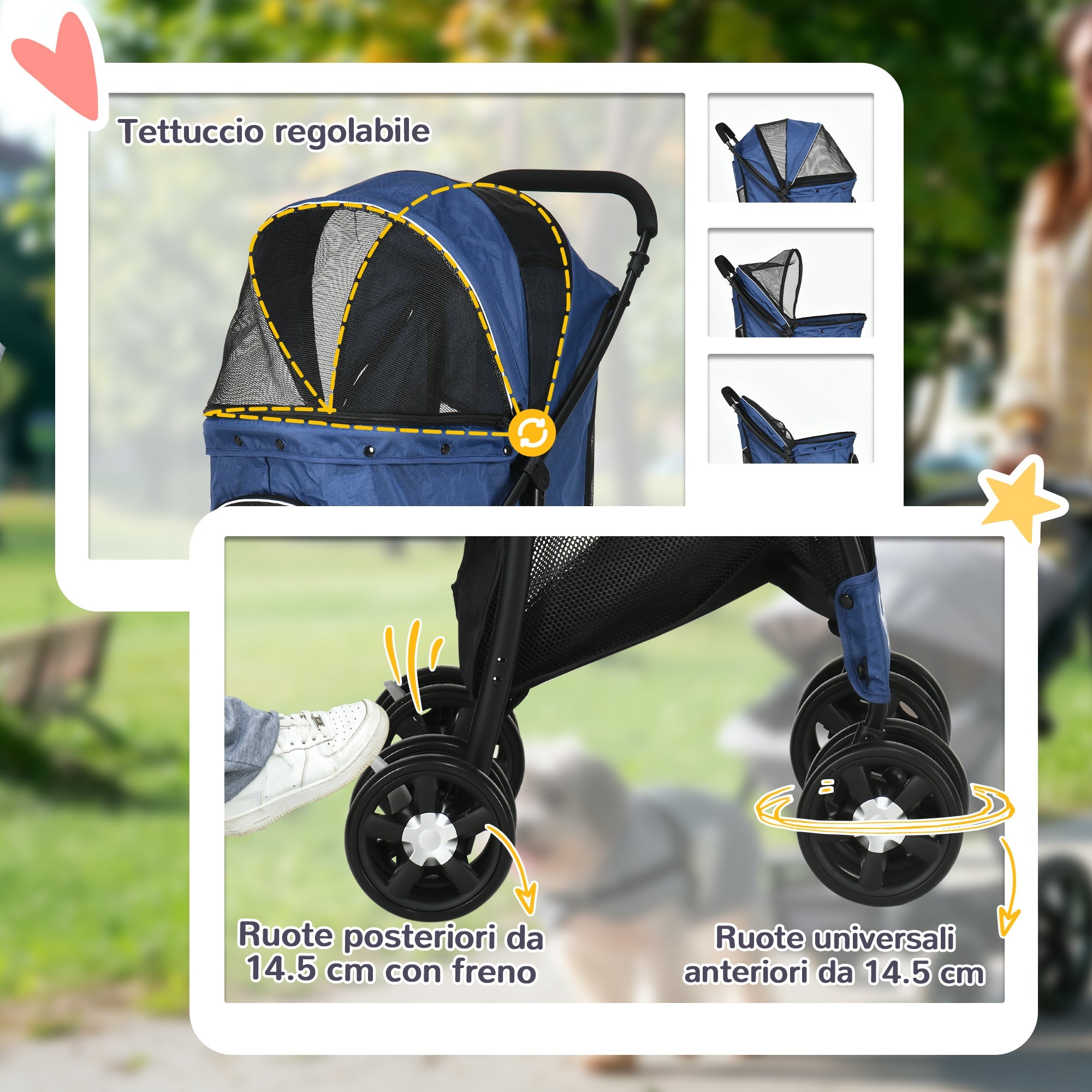 Passeggino per Cani Taglia XS e S 81x48x99 cm con Cesto Cuscino e 2 Guinzagli Nero e Blu Scuro