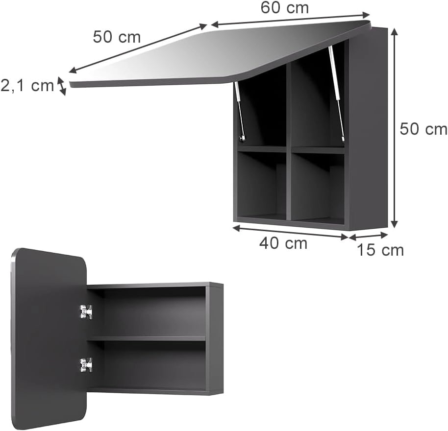Specchio contenitore bagno Zino, Antracite, 60 x 50 cm con ripiani