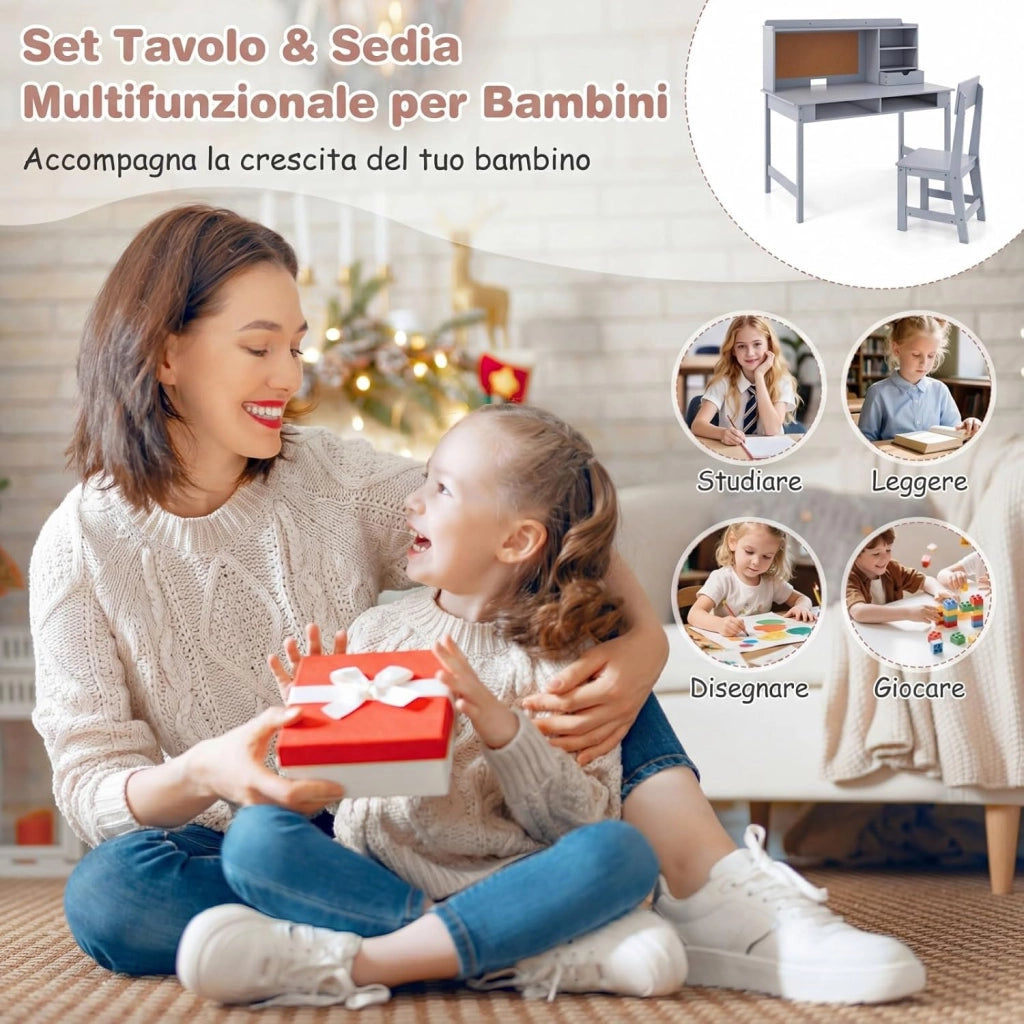 Set Scrivania e Sedia per Bambini, Tavolo per Studenti in Legno con Bacheca in Sughero, Cassetto, Pensile con Ripiani Aperti, Postazione Computer per Bambini per Studio e Lettura (Grigio)