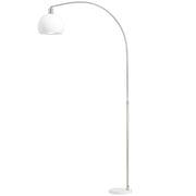 Lampada da terra, testa curva, interruttore a pedale, base in marmo, paralume in plastica, bianca
