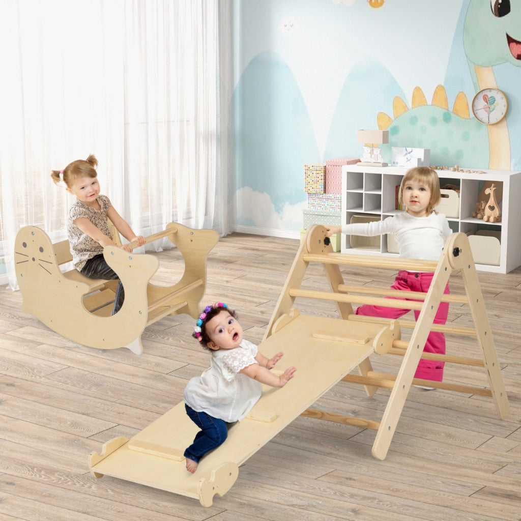 Set di arrampicate 3-in-1 per bambini, Arrampicatore pieghevole in legno con scivolo reversibile dondolo Naturale-Arrampicate e scivoli