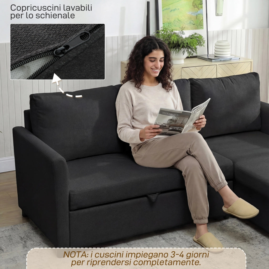 Divano Letto con Chaise Longue 192x148x86 cm con Vano Portaoggetti a Scomparsa Effetto Lino Grigio Antracite